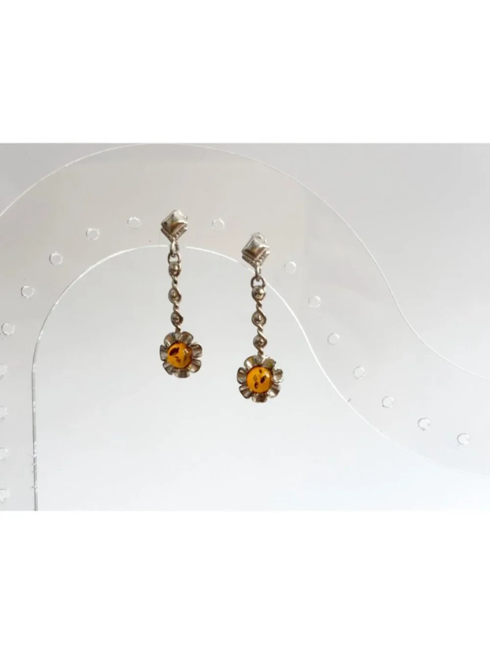 Baltic Amber Sunflower Shaped Spiral Vintage Sterling Silver 925 Dangle Earrings